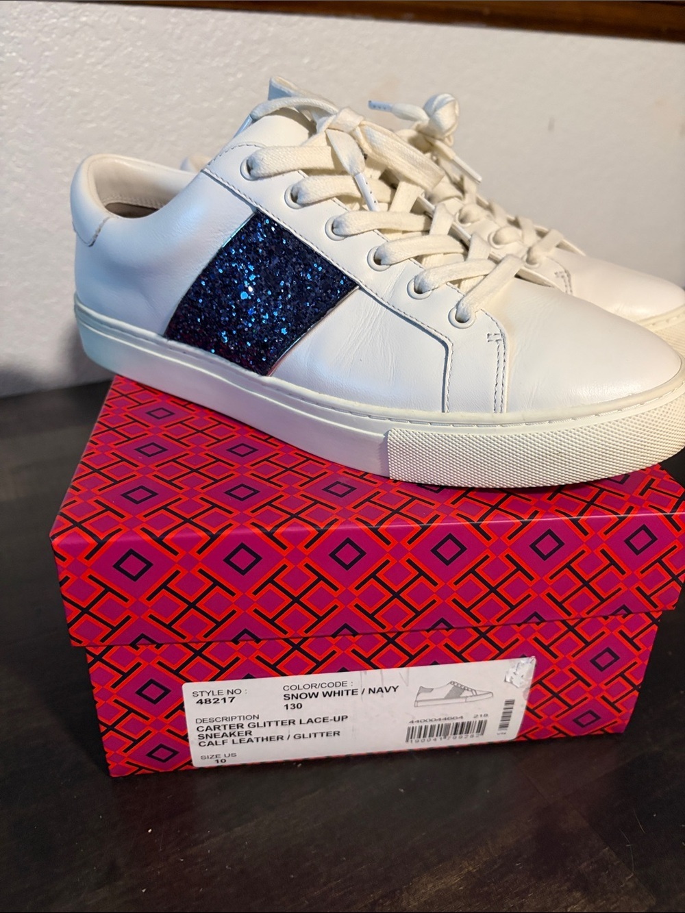 Tory Burch Snow White Navy Carter Glitter Lace-Up Sneakers Calf Leather Size 10